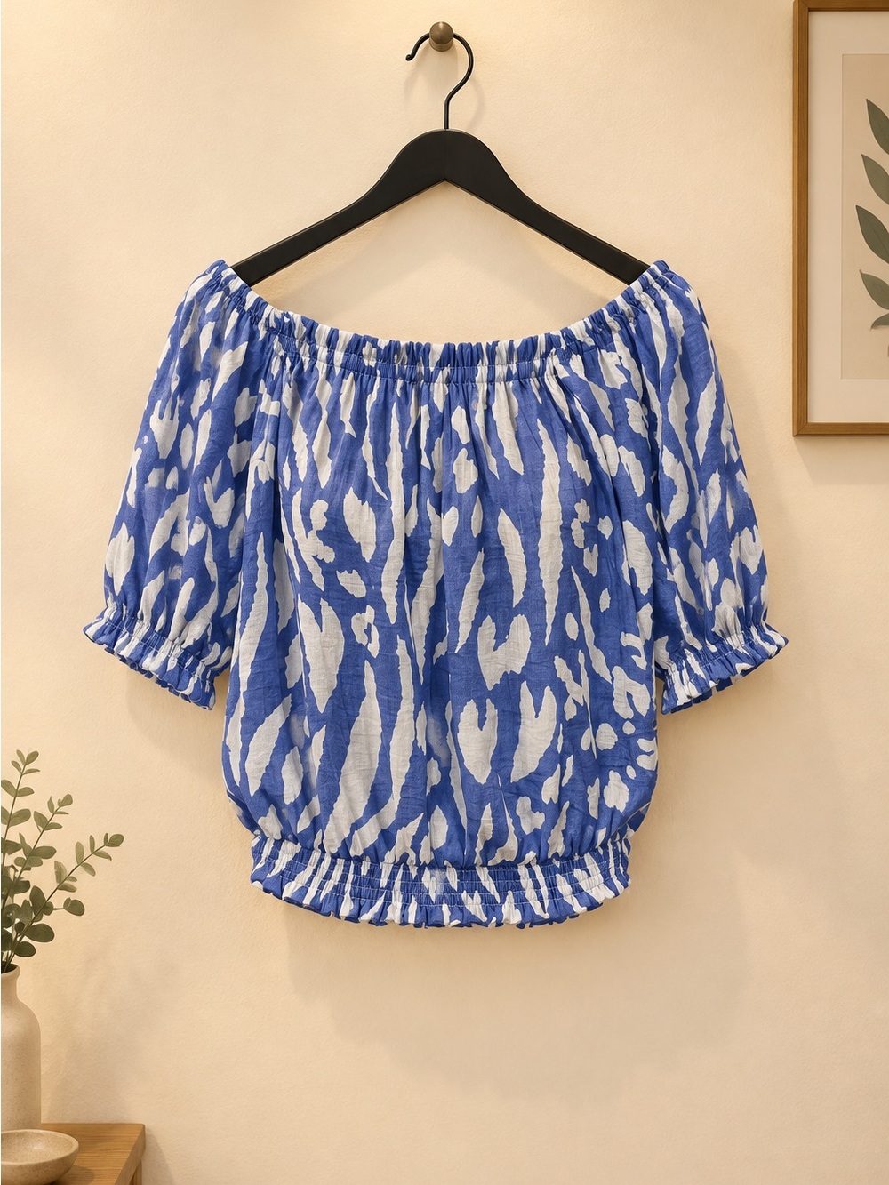 Blue and White Off-Shoulder Printed Peasant Blouse